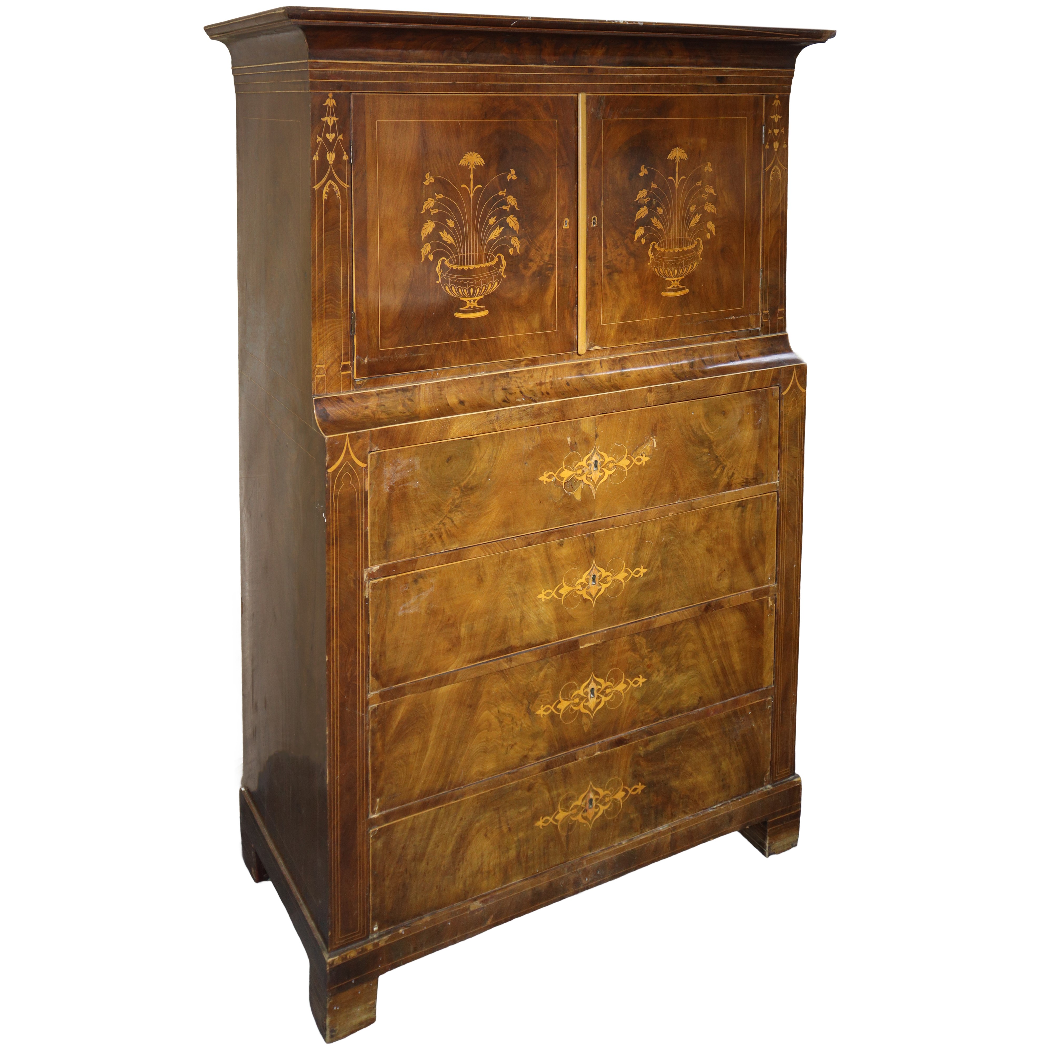 Chiffonier in Legno di Mogano con Intarsi sul Fronte e Filettata ai Lati