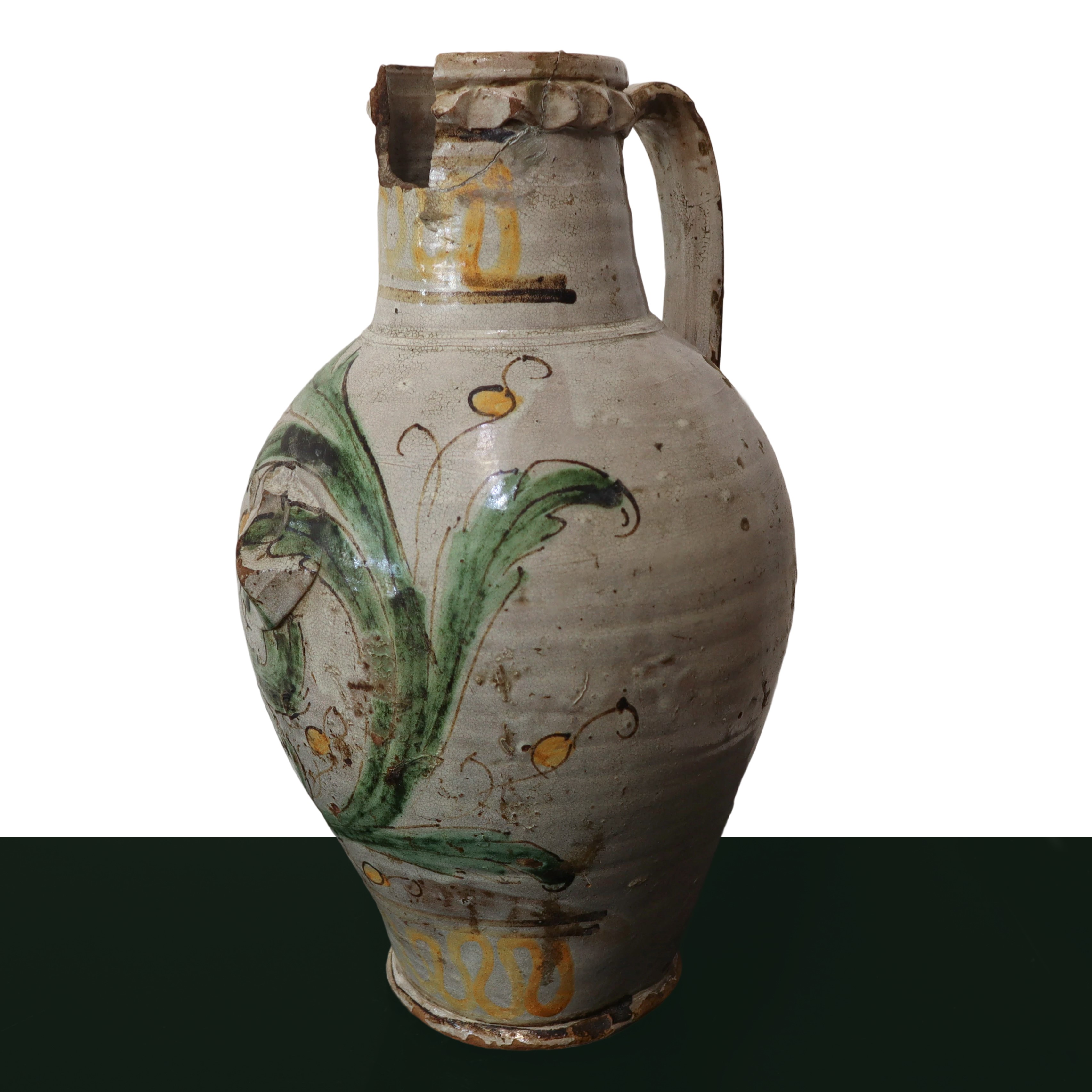 Quartara in maiolica di Caltagirone invetriata in pasta bianca con foglia d'acanto