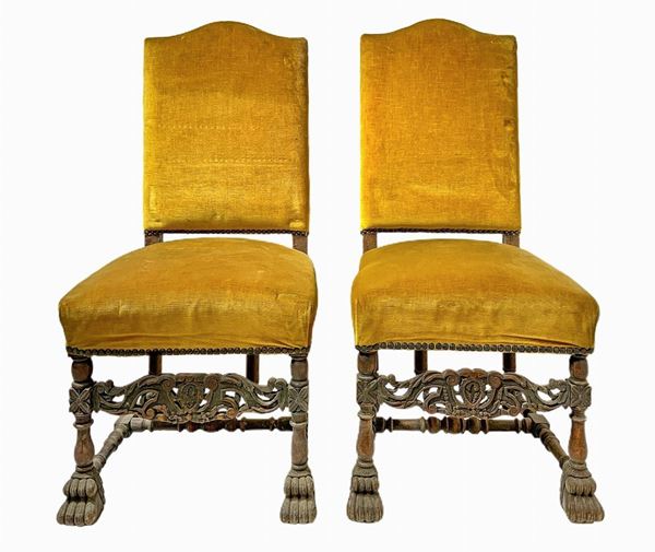 Pair of chairs with high backrest, upholstery in yellow.