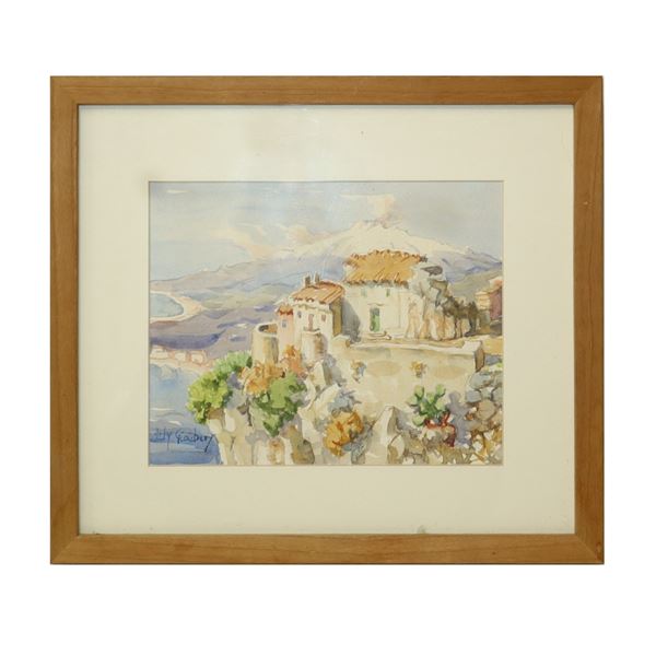 Lily Giachery - Taormina landscape with house on the sea and Etna in the background
