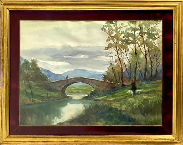 Silvio Poma - Watercolor on paper, signed Silvio Poma (1841-1932) depicting the river with bridge. 50x65 cm, in frame 94 x70 cm