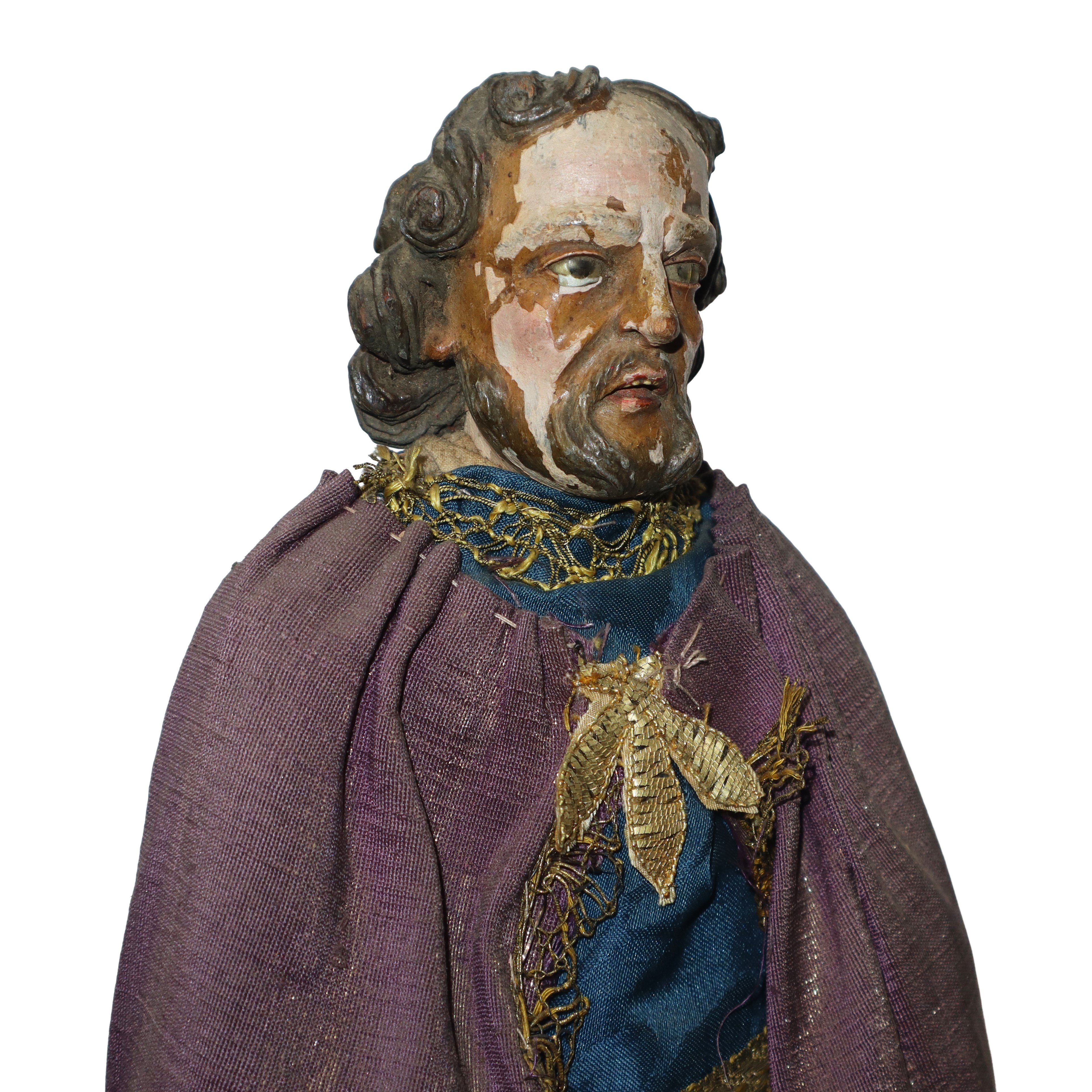 Personaggio Presepiale: San Giuseppe in Terracotta e Legno con Vesti in Cotone, Raso e Passamaner...