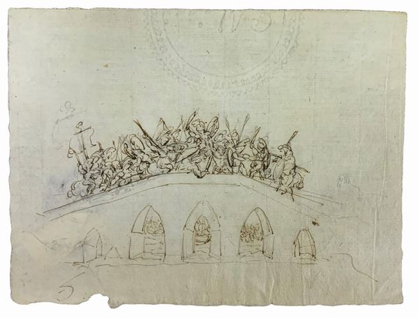 Disegno a inchiostro bruno su carta antica vergellata con filigrana. Schizzo raffigurante battaglia su Ponte Milvio, Costantinoe Massenzio. XVIII secolo. Mm 205x155