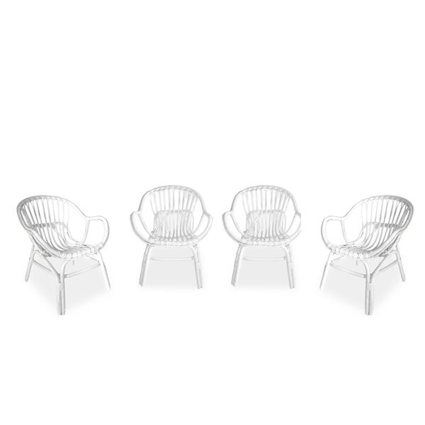 No. 4 white enamelled rattan cradle armchairs