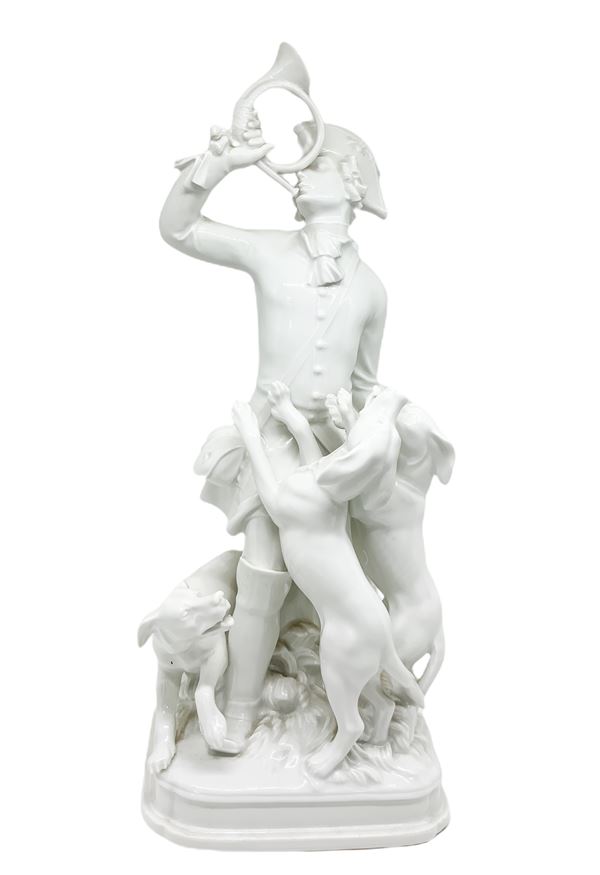 Meissen, white porcelain statue depicting hunting with dogs. XX century. Base 13x13 cm H 34 cm