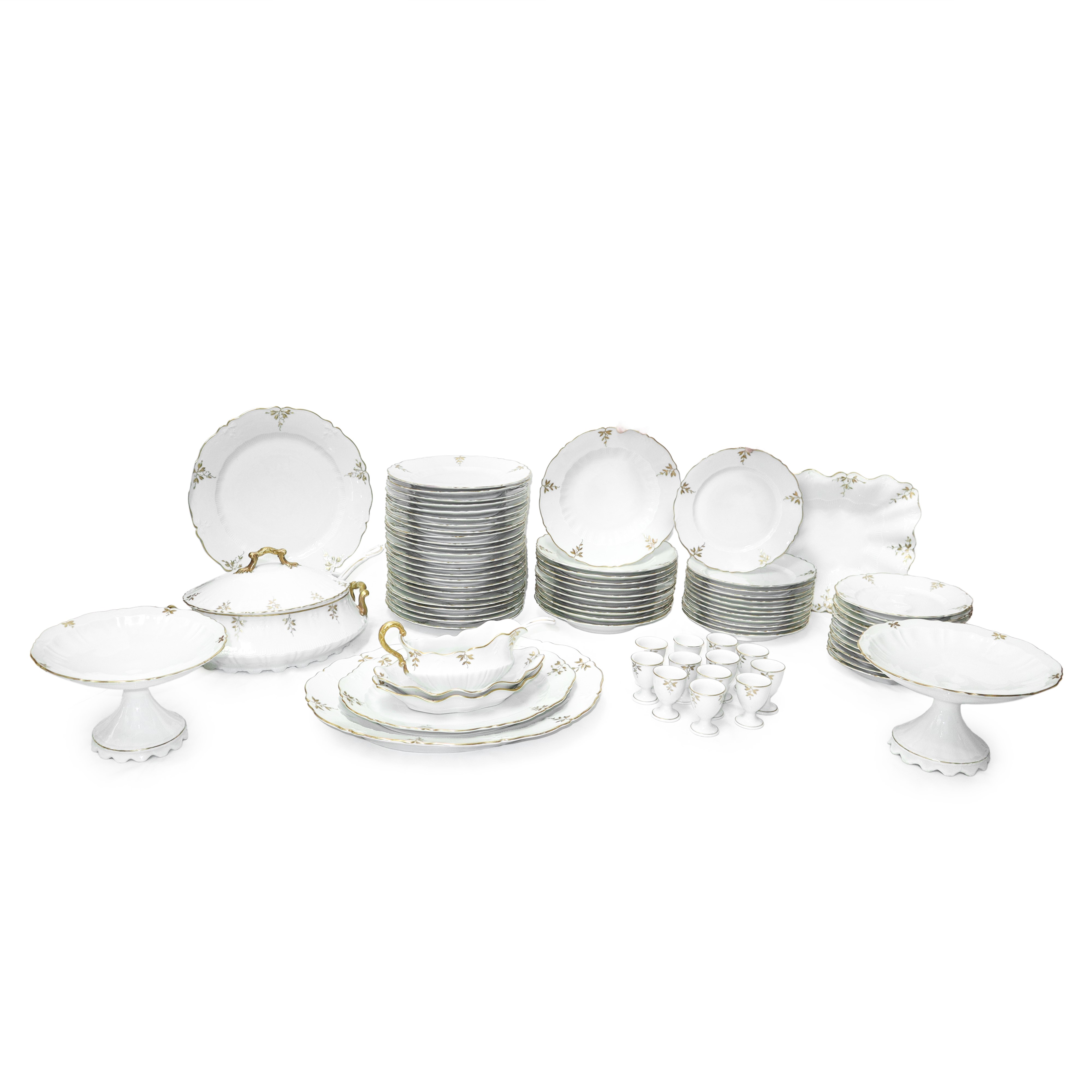 Servizio di piatti da 12 bianco con perfilo dorato e decoro a foglie dorato