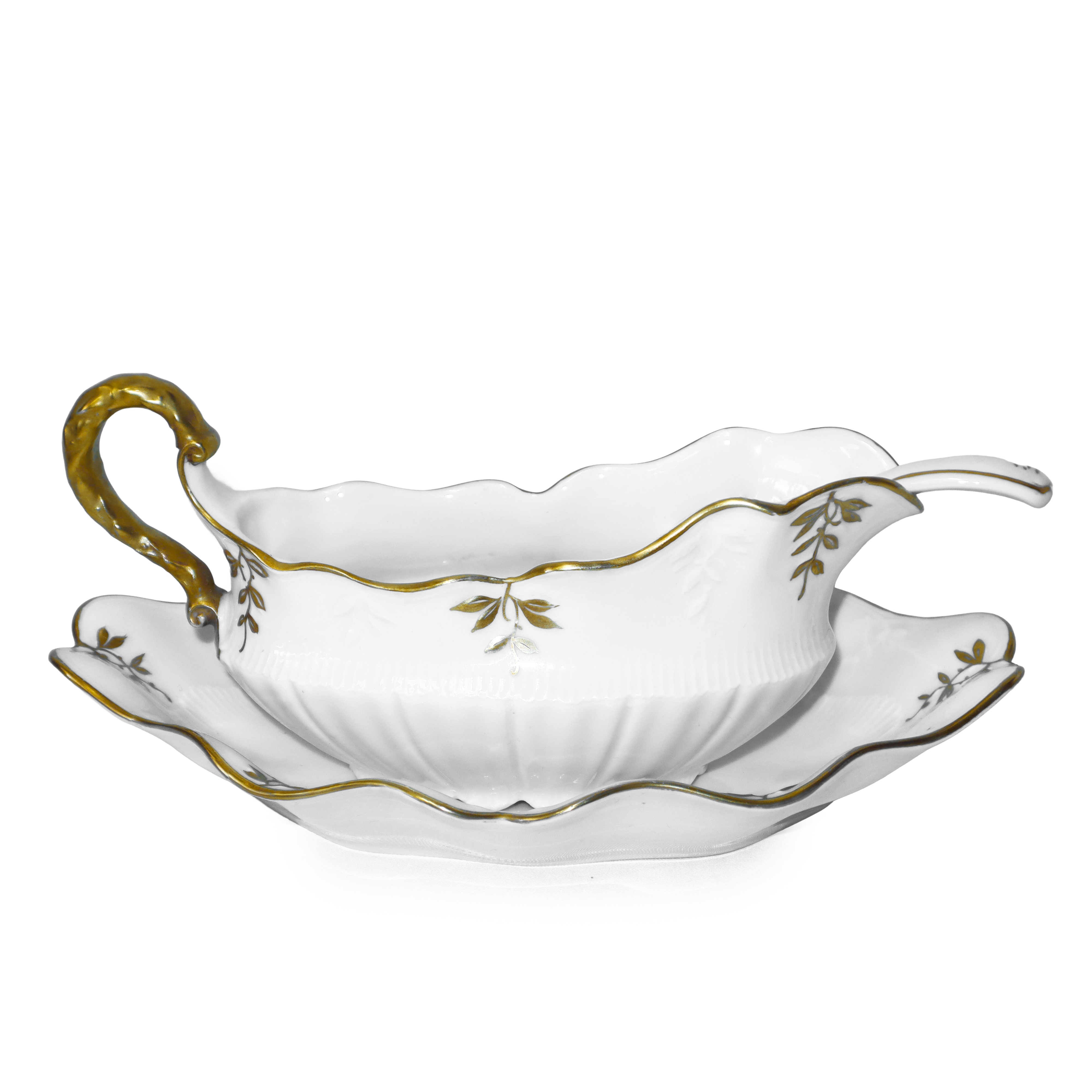 Servizio di piatti da 12 bianco con perfilo dorato e decoro a foglie dorato