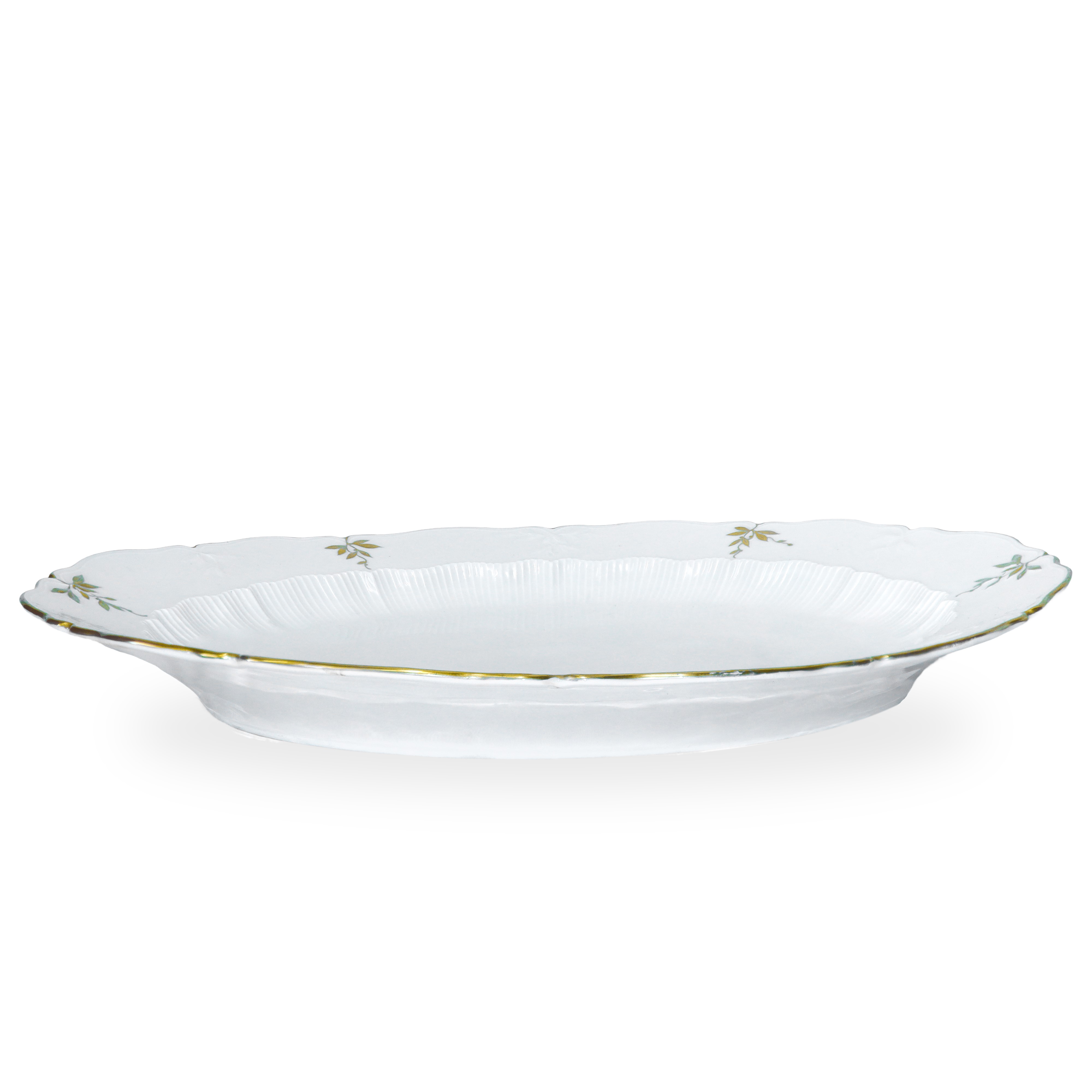 Servizio di piatti da 12 bianco con perfilo dorato e decoro a foglie dorato