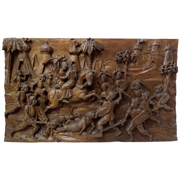 Ignazio Russo - Pannello ligneo scolpito e intagliato a rilievo e bassorilievo su legno di noce , Scena della Chanson de Roland dei paladini di Francia 