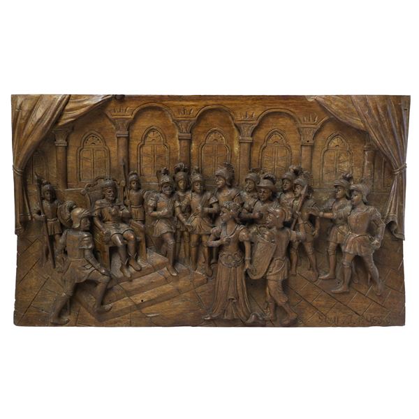 Ignazio Russo - Wooden panel carved and engraved in relief and bas-relief on walnut wood, Scene from the Chanson de Roland of the paladins of France 