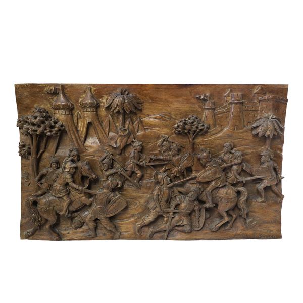 Ignazio Russo - Pannello ligneo scolpito e intagliato a rilievo e bassorilievo su legno di noce , Scena della Chanson de Roland dei paladini di Francia 