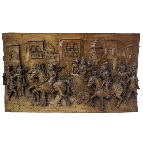 Ignazio Russo - Pannello ligneo scolpito e intagliato a rilievo e bassorilievo su legno di noce , Scena della Chanson de Roland dei paladini di Francia 