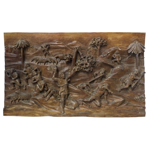 Ignazio Russo - Pannello ligneo scolpito e intagliato a rilievo e bassorilievo su legno di noce , Scena della Chanson de Roland dei paladini di Francia 