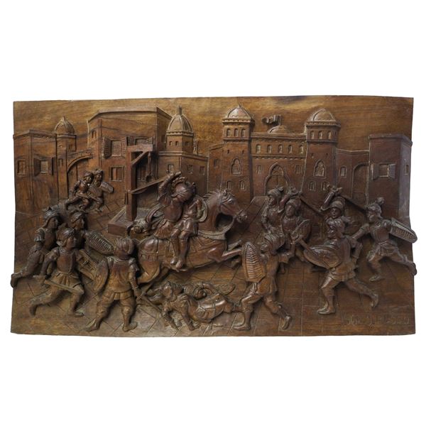 Ignazio Russo - Wooden panel carved and engraved in relief and bas-relief on walnut wood, Scene from the Chanson de Roland of the paladins of France 