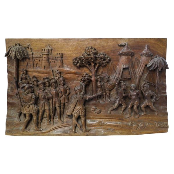 Ignazio Russo - Wooden panel carved and engraved in relief and bas-relief on walnut wood, Scene from the Chanson de Roland of the paladins of France 