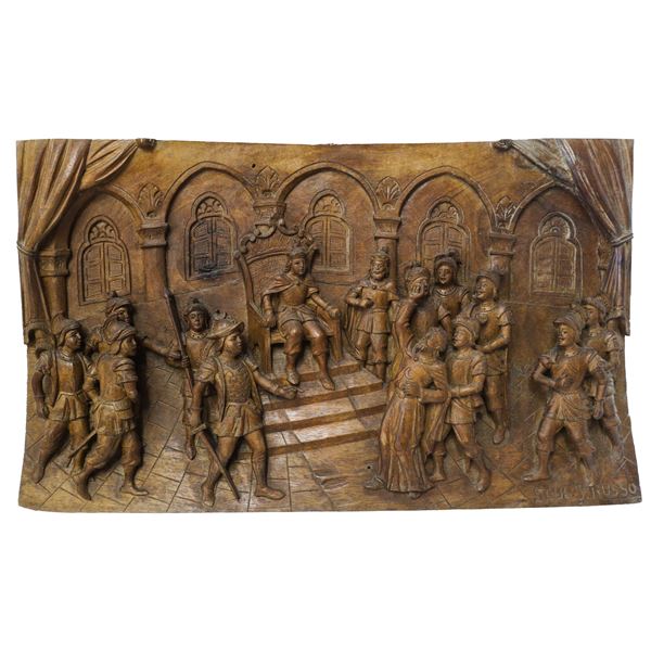 Wooden panel carved and engraved in relief and bas-relief on walnut wood, Scene from the Chanson de  [..]