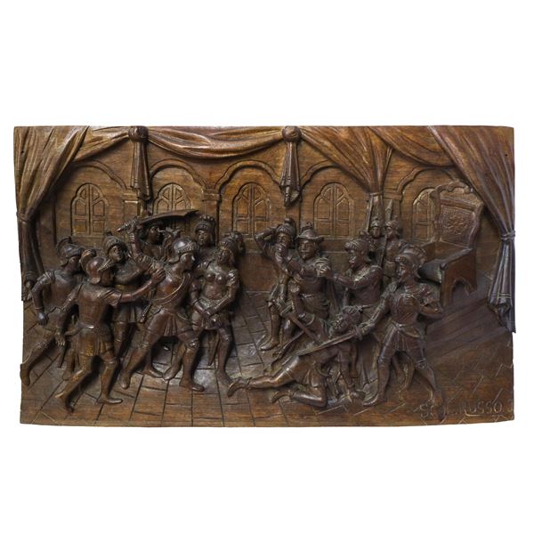 Ignazio Russo - Pannello ligneo scolpito e intagliato a rilievo e bassorilievo su legno di noce , Scena della Chanson de Roland dei paladini di Francia 