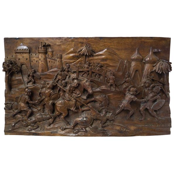 Ignazio Russo - Pannello ligneo scolpito e intagliato a rilievo e bassorilievo su legno di noce , Scena della Chanson de Roland dei paladini di Francia 