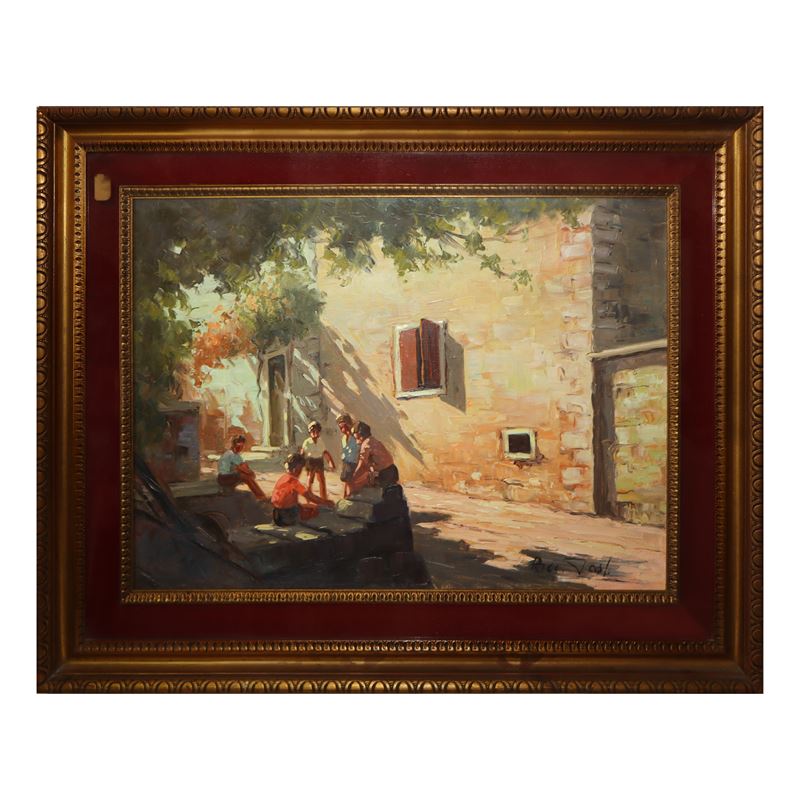 Riccardo Tosti - Cortile Rustico con Figure