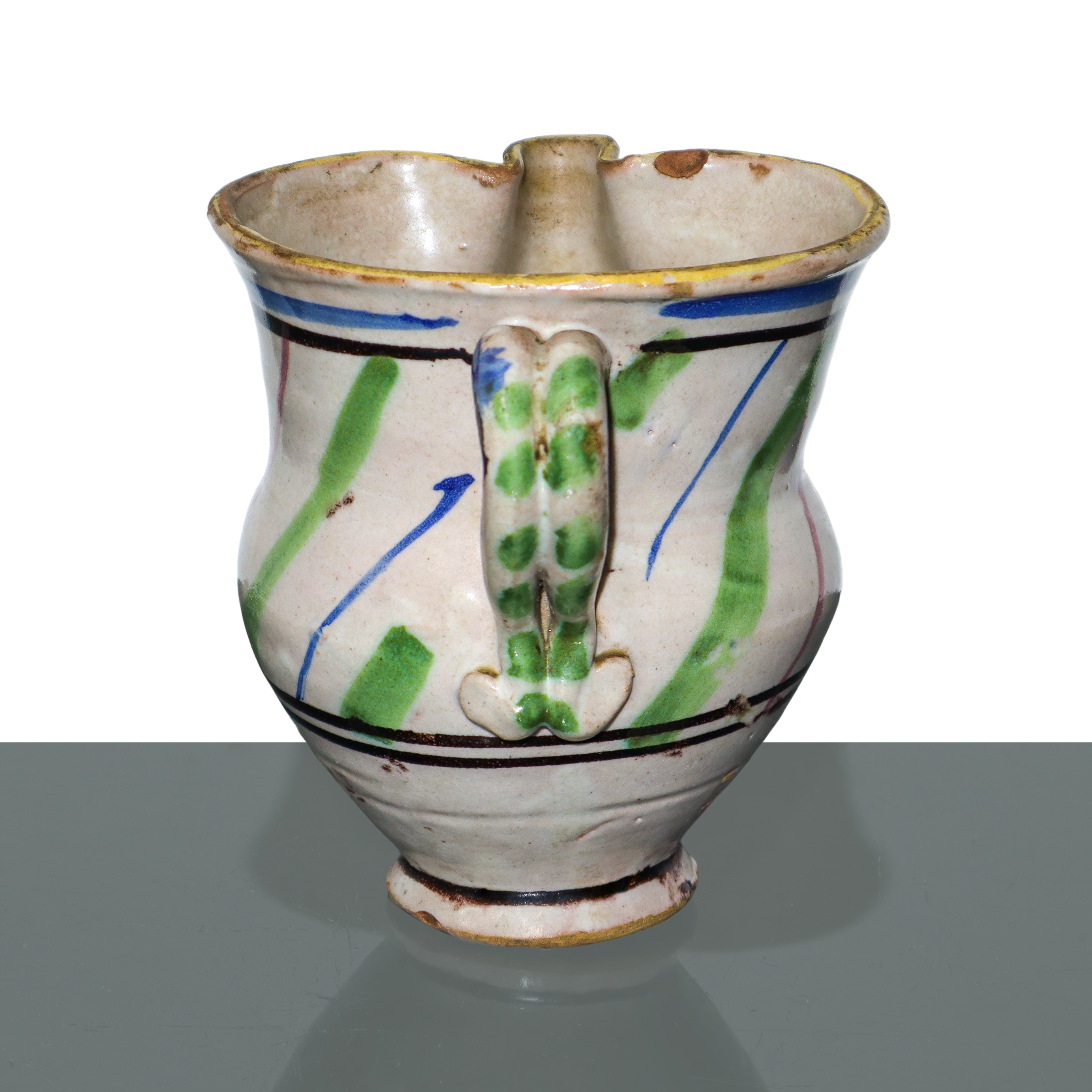 Versatoio con manico in maiolica di Caltagirone invetriato smaltato e dipinto policromo