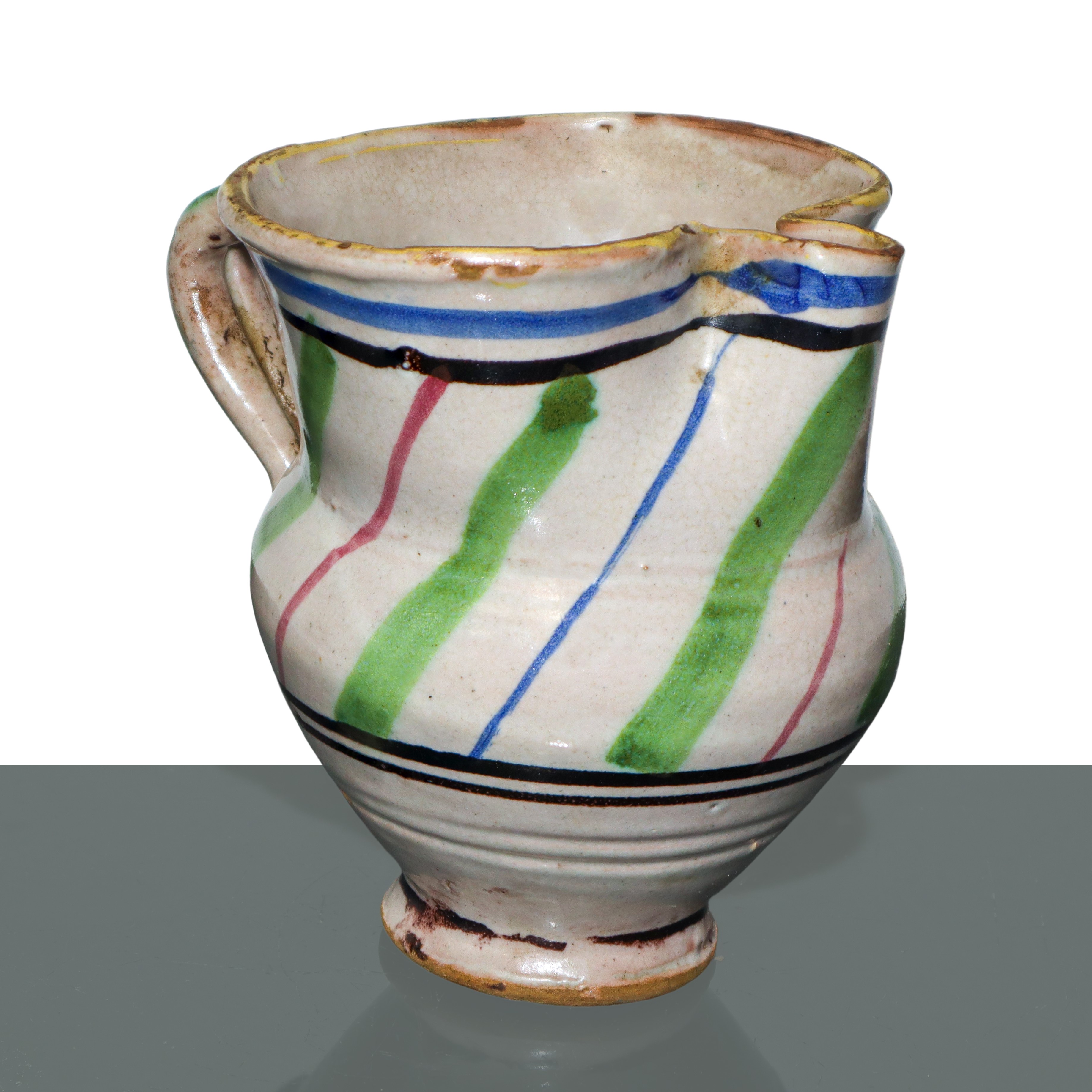 Versatoio con manico in maiolica di Caltagirone invetriato smaltato e dipinto policromo