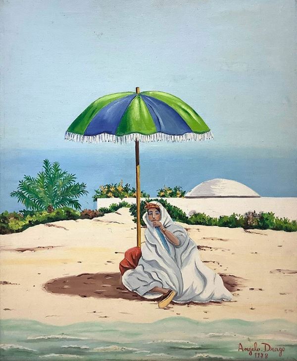 Drago Angelo (Catania 1930- Catania 2020) dipinto naif ad olio su tela raffigurante donna araba sulla spiaggia. Angelo Drago vince il Premio Leone d'oro a Firenze 1979, 1° Premio internazionale Occasion Art , Milano ai frati "Naif". Bibliografia: "I naifs italiani", Mario De Micheli, Renzo Margonari, Ed. Passera e Agosta Tota, prefazione di Cesare Zavattini pg 156. Catalogo Bolaffi dei Natif Italiani, Giulio Bolaffi Editore 1973, pg 60. Cm 60x50. Misure con la cornice cm 68 x 59. Firmato e dat