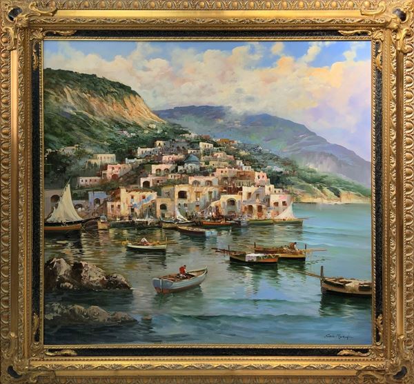 Dipinto ad olio su tela “Procida” firmato Carlo Morandi. Cm 100x100, in cornice cm 127x127
