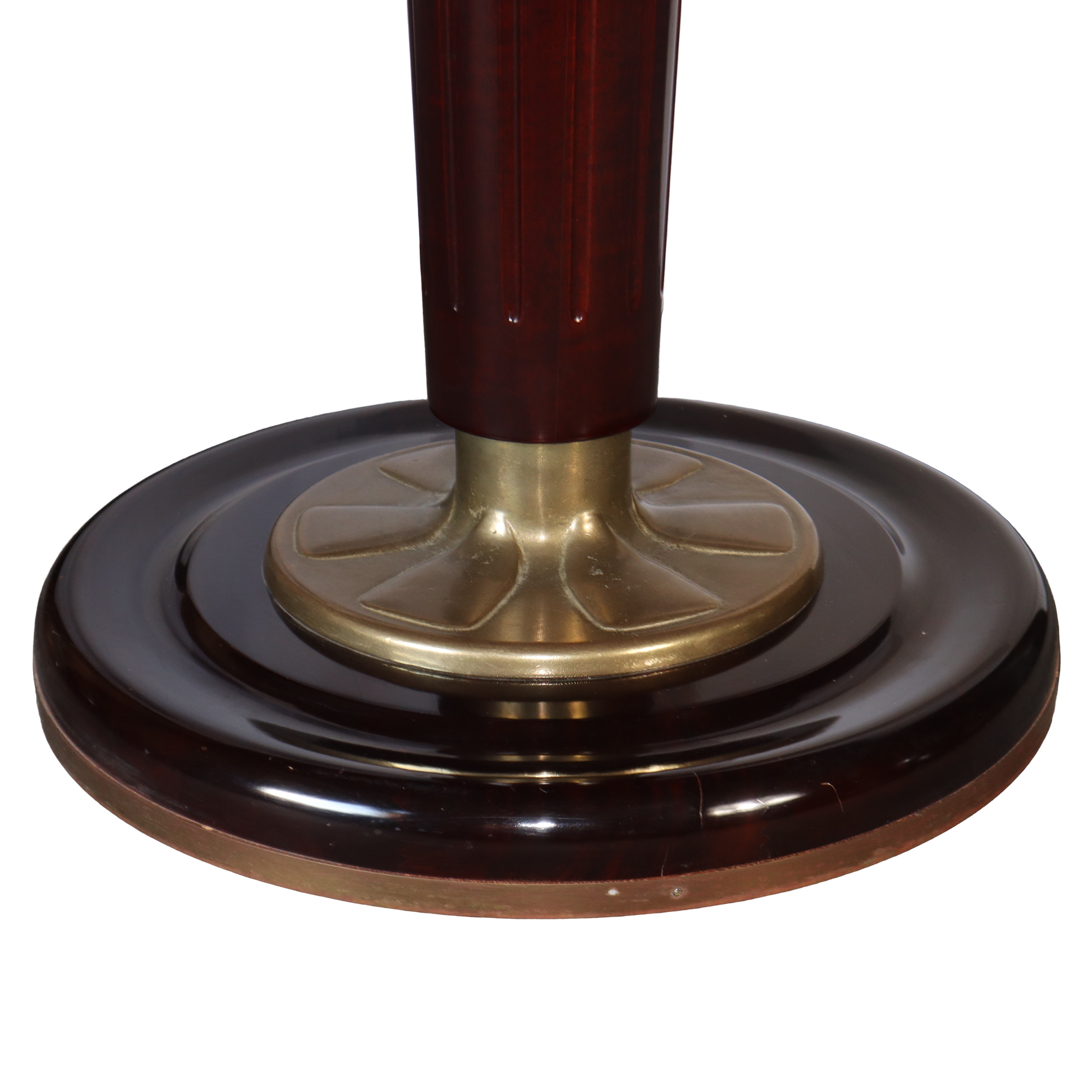 Tavolo rotondo da gioco con piano double-face con pelle verde in legno di mogano e ottone