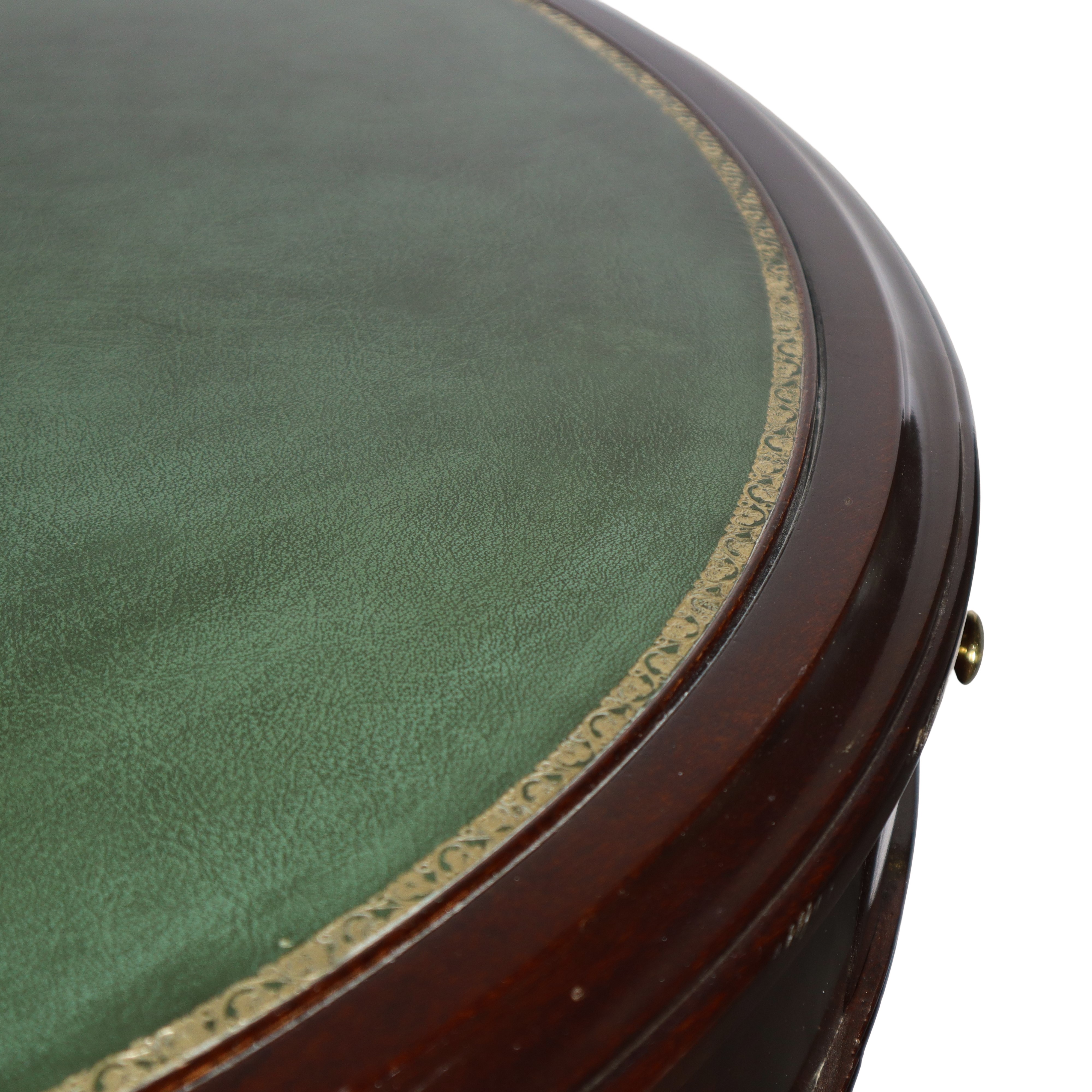 Tavolo rotondo da gioco con piano double-face con pelle verde in legno di mogano e ottone