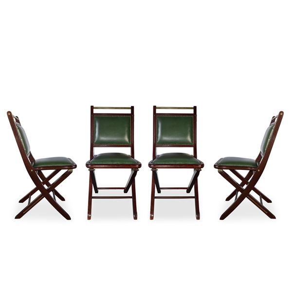 4 folding chairs in green leather and brass