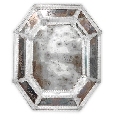 Specchiera Ottagonale in Vetro di Murano nello Stile Veneziano con Decori a Larghe Foglie sulla C...