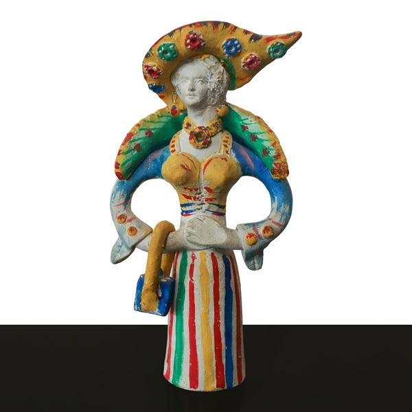 Niglio Ceramiche - Polychrome whistle in the shape of a woman in a dress