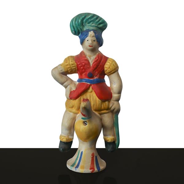 Nove Ceramiche - Polychrome whistle depicting a man on a hen