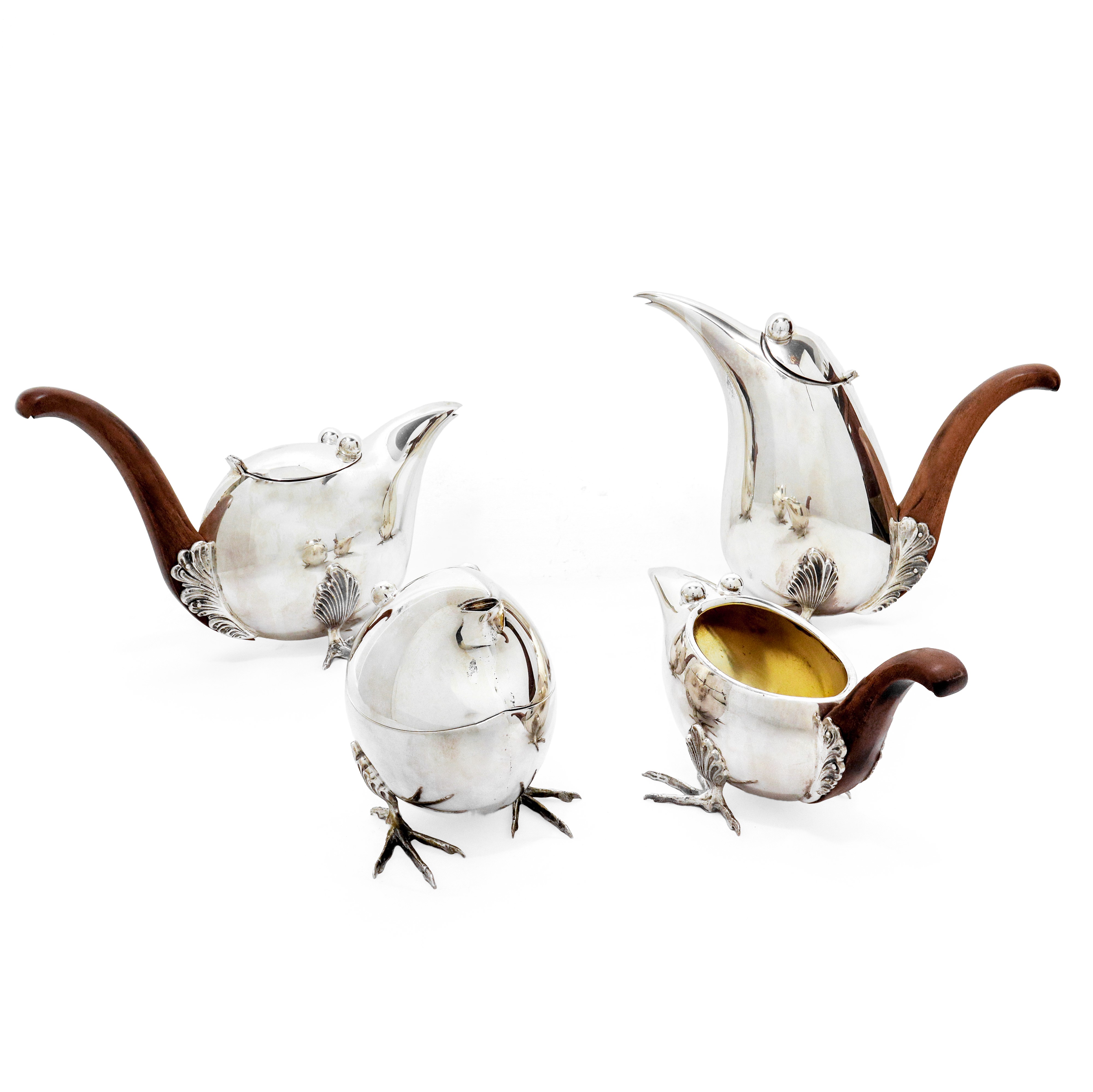 Servizo da te e caffè in argento 800 con fattezze di volatili