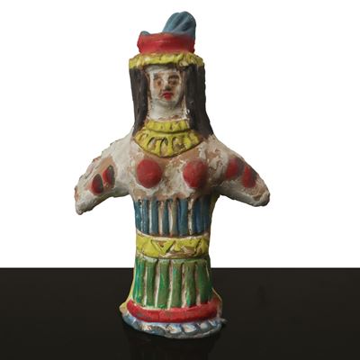 Fischietto in stile azteco raffigurante figura femminile, ceramica, altezza cm 12.5