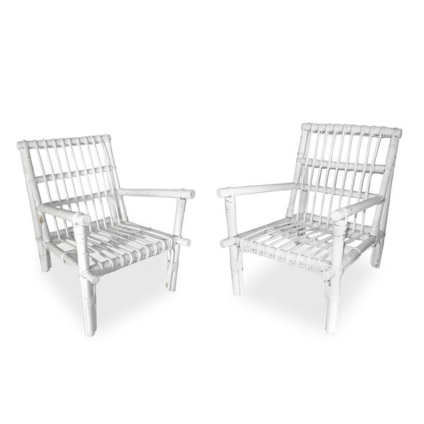 Pair of white enamel rattan armchairs
