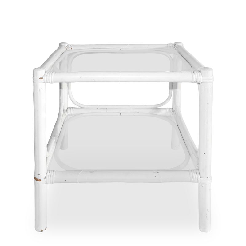 Tavolino da Centro in Rattan Smaltato Bianco a Due Piani in Vetro