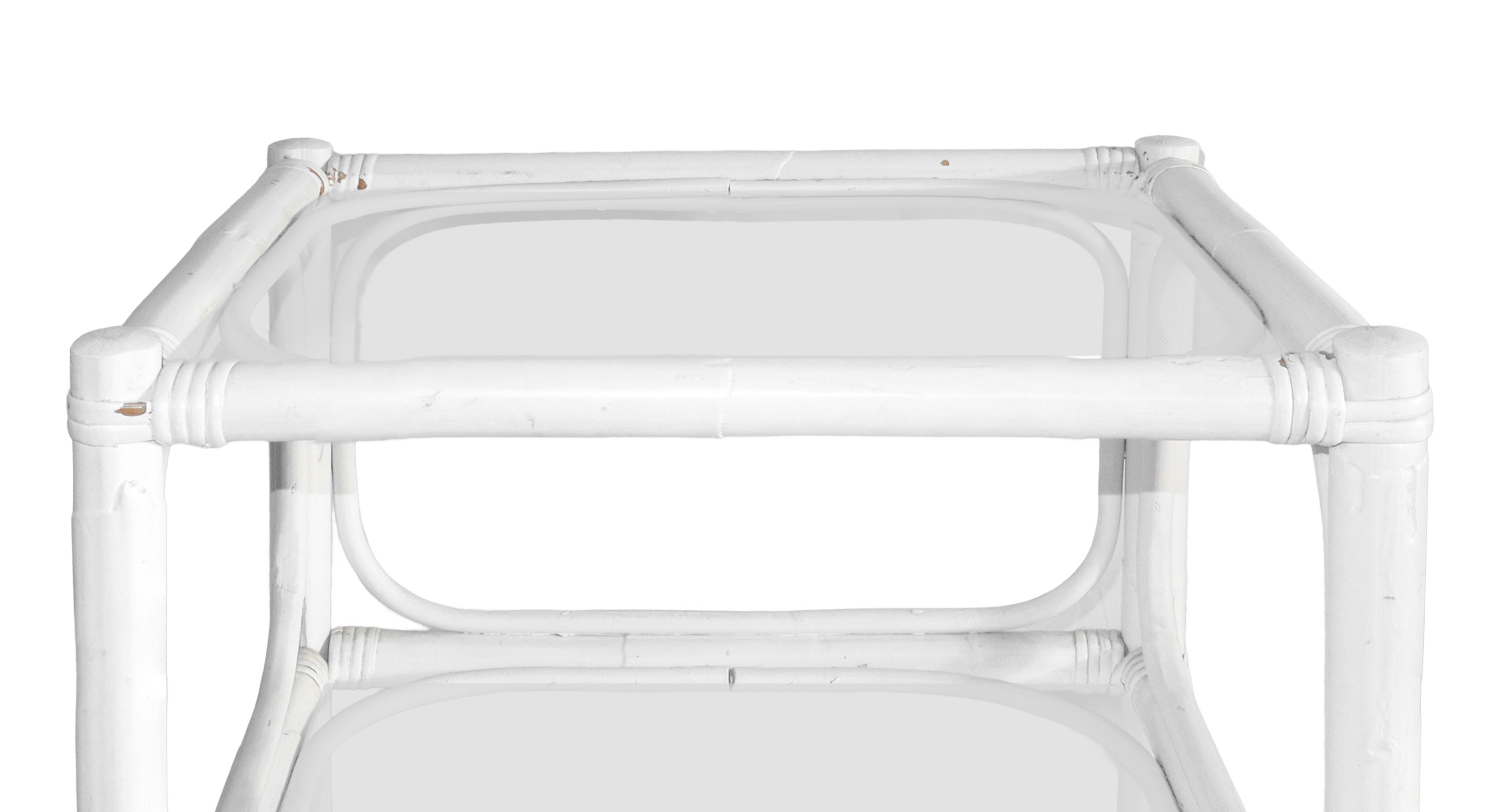 Tavolino da Centro in Rattan Smaltato Bianco a Due Piani in Vetro