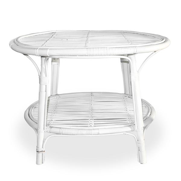 White enamel rattan two-tier coffee table