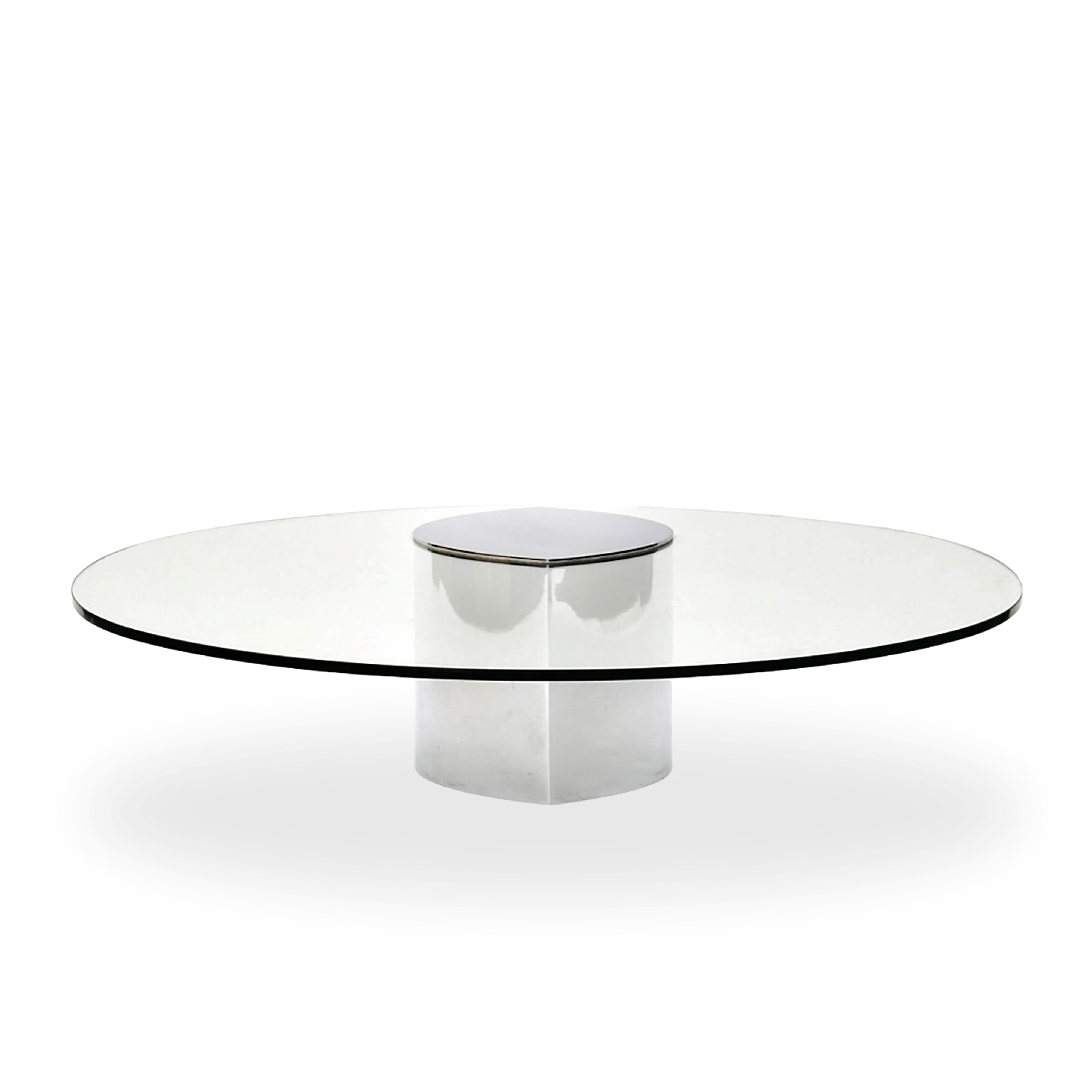 Tavolo modello Lunario con struttura in acciaio e piano ovale in cristallo molato