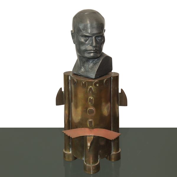 Bust of Mussolini in lead on a gilded brass pedestal
