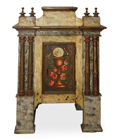 Tabernacolo, porta dipinta e laccata con fiore ed Eucarestia, con colonne laterali