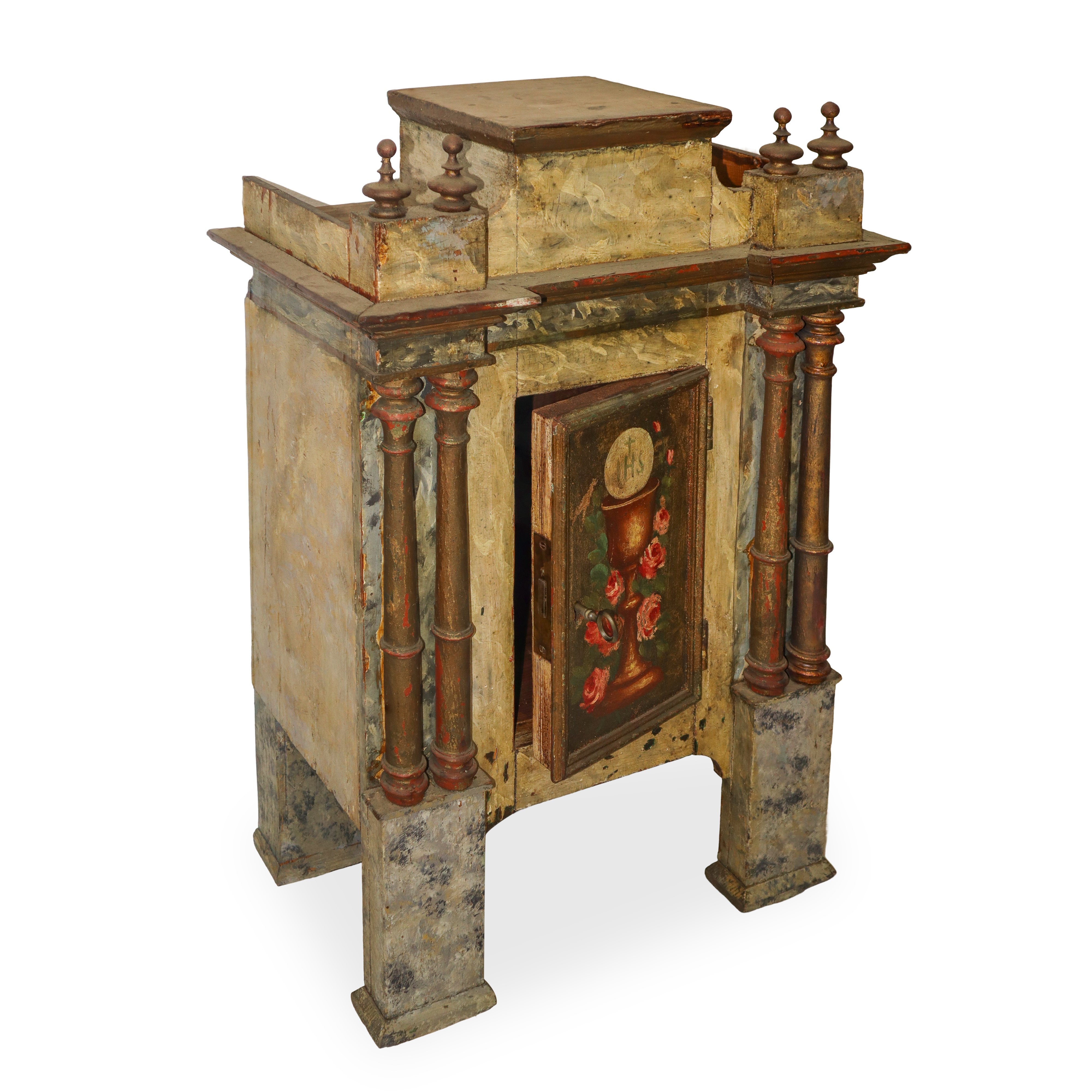 Tabernacolo, porta dipinta e laccata con fiore ed Eucarestia, con colonne laterali
