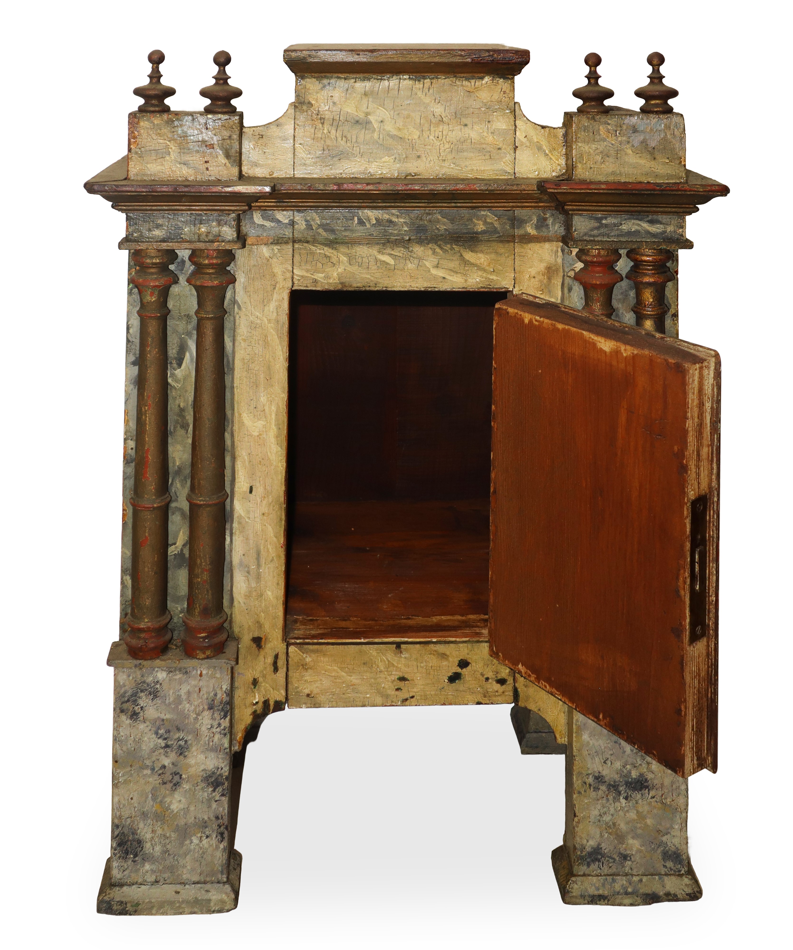 Tabernacolo, porta dipinta e laccata con fiore ed Eucarestia, con colonne laterali