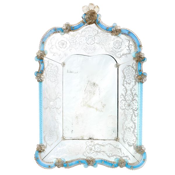 Mirror in engraved Murano glass with blue glass finishes