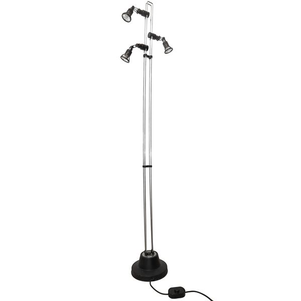 Silver metal floor lamp with black spotlights