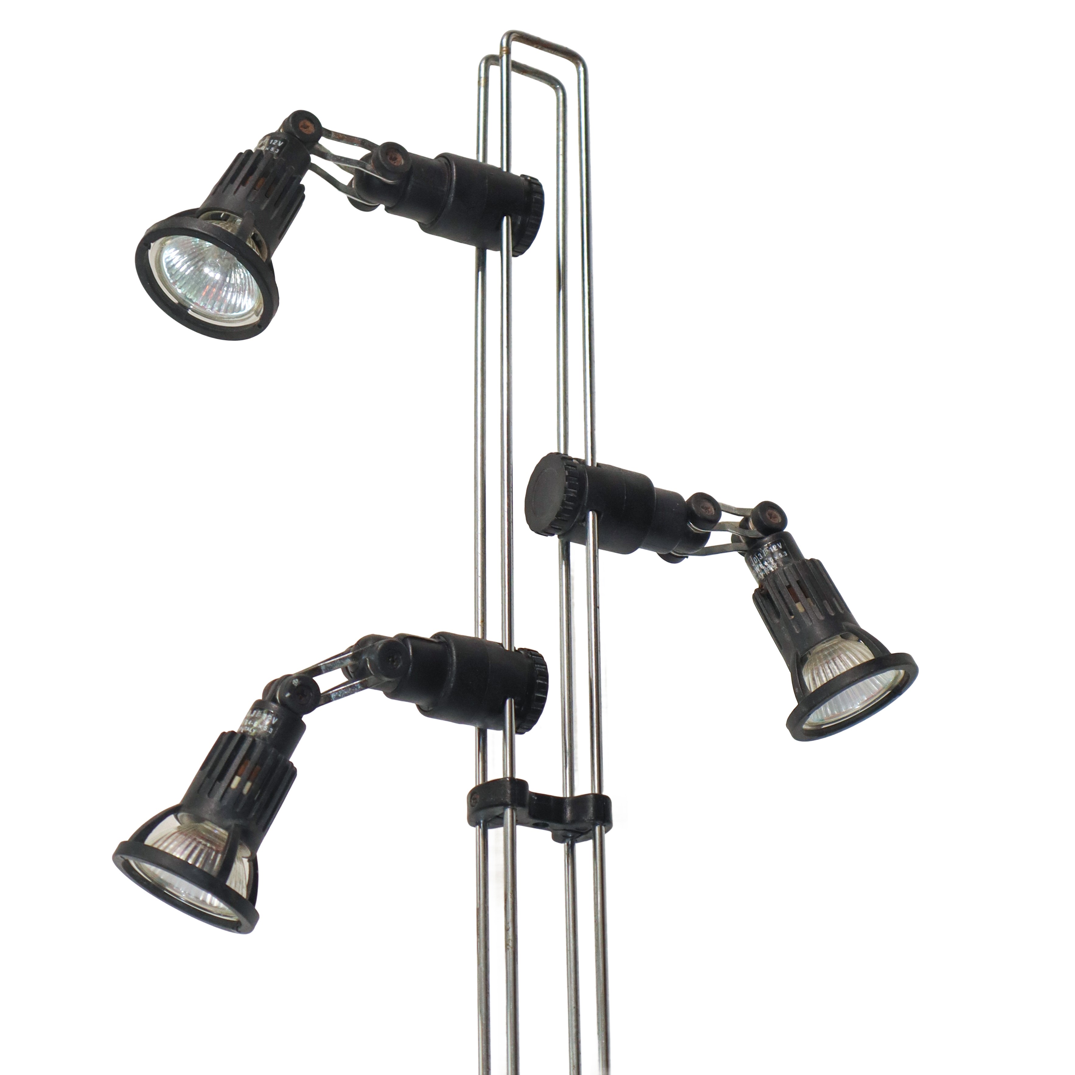 Piantana a stelo in metallo argentato con faretti neri