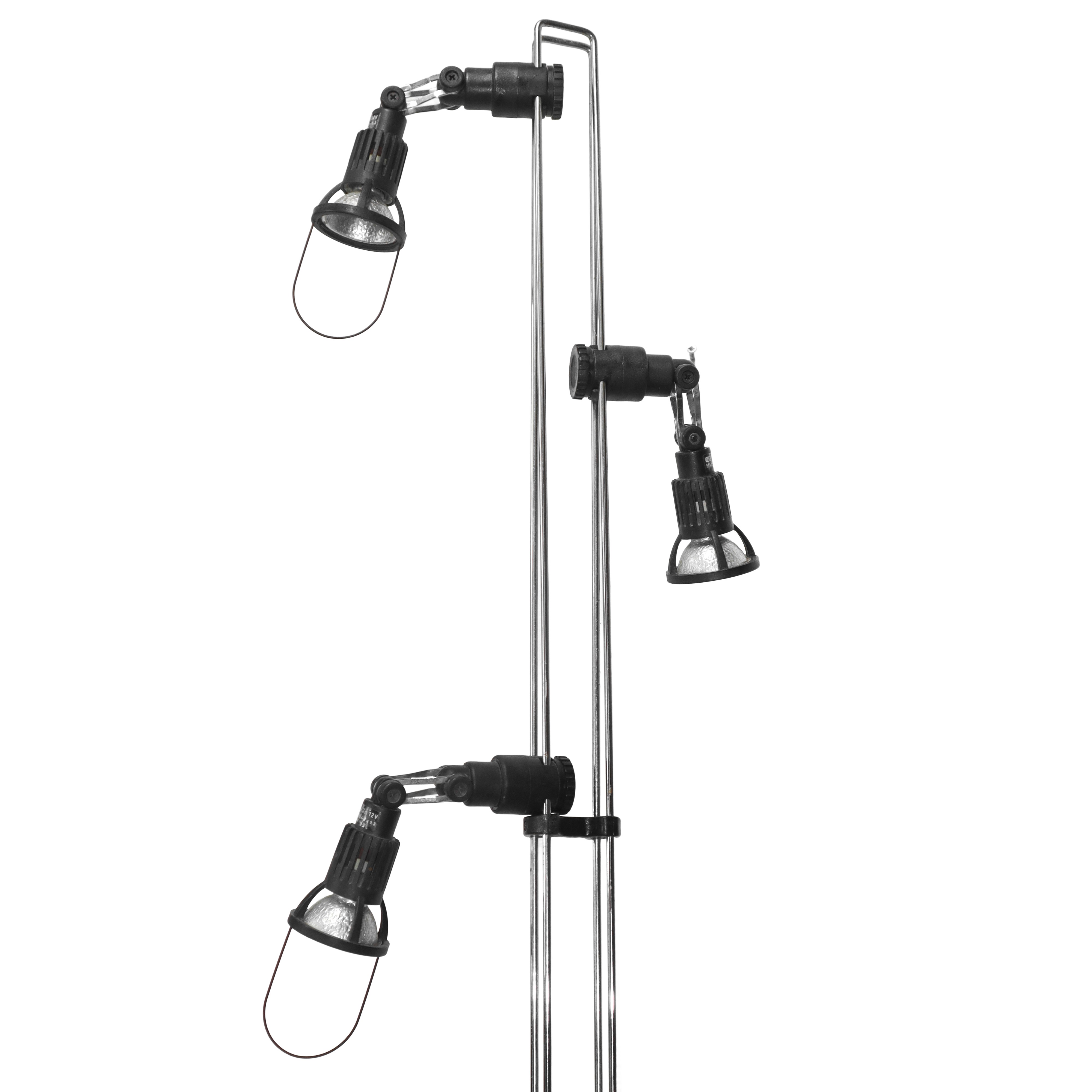 Piantana a stelo in metallo argentato con faretti neri