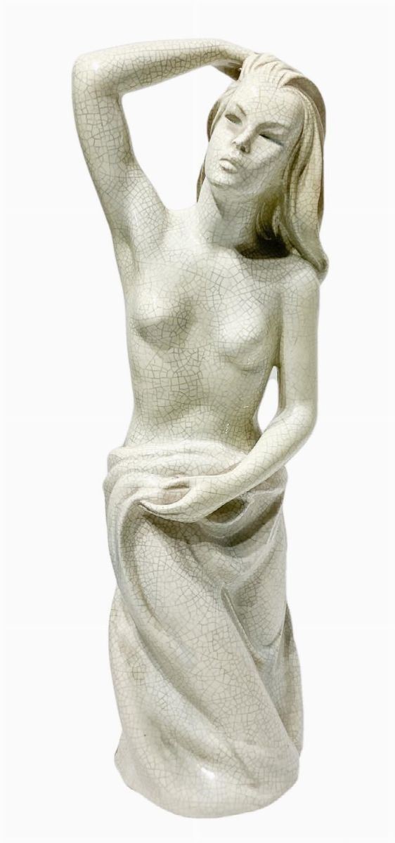 The Bertetti, sculpture white body crackle effect depicting woman with cloth, signed on the base, Bertetti The Turin Italy, Emanuela No. 80. H 60 cm, width 16 cm 50s