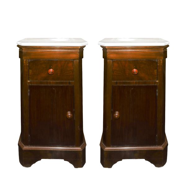 Pair of wooden bedside tables with white marble top